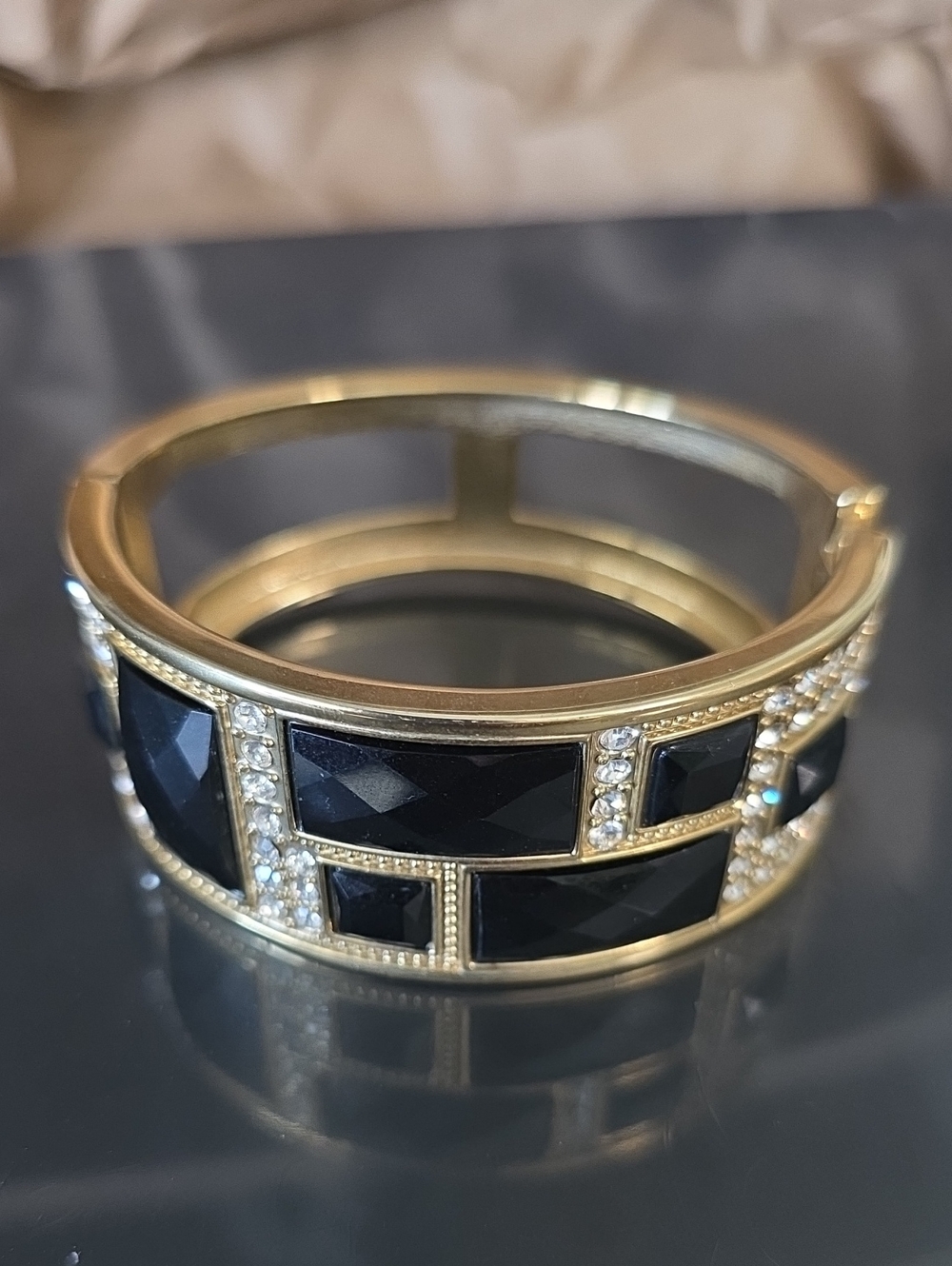 Elegant Black and Gold Toned Crystal Inlay Statement Bracelet